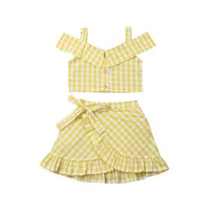 Citgeett Estate Giallo Moda Bambino Neonate Vestiti scozzesi Spalle scoperte Top corto e gonne tutù Outfit Set J220711