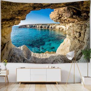 Ocean View Wall Rugs Forest Waterfall Lotus Decoration Carpet Beach Tapestry vardagsrum Bakgrund Tyg J220804