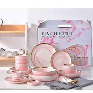 Zestawy naczyń obiadowych 14pcs różowy/szary marmurowy zestaw ceramiczny sałatkowy sałatka makaron miski zupy talerze szarżne naczynie kuchenne dla rodziny używanych