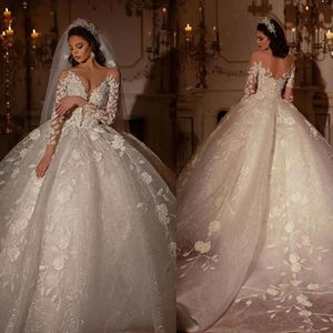 Unikalna sukienka ślubna seksowna v szyja aplikacje długie rękawy koraliki koronkowe suknie ślubne