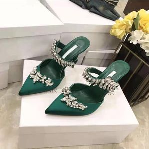 5A Women Fashion High Heel Dress Shoes Green Pink Satin Crystal Embellished Mules Wedding Party 90mm Heel