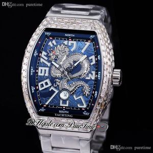 Vanguard v45 3D Серебряный дракон King Автоматические мужские часы часы багэт алмаз Безель Blue Dial Blee Number Marker Bracelet Watches e242J10