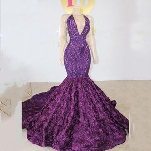 Luxury Purple Aso Ebie Prom Dress For Black Girls 2022 Elegant Mermaid Sequined Evening Gowns African Sexy V Neck Rose Bottom Halter Special Formal Party Dresses