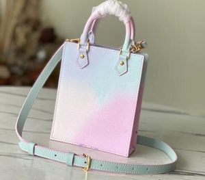 Realfine Torbalar 5A M81341 14cm Petit Sac Plat Tote Gün batımı Pastel Momogran Kaplı Tuval Omuz Çanakları Çantalar için Toz Çantası Kutusu