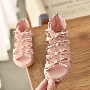 Baby Girls Summer Children's Sandals for Girl äkta läder Höghjälp Hål ut Wrap Toe Fashion Kids Girls Sandaler G220523