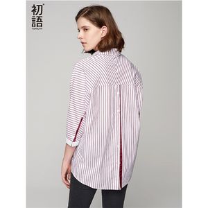 Toyouth Autumn Striped Shirts OL Style Three Quarter Batwing Sleeve Women Bluses and Shirt Oregelbundet hem blues Mujer T200322