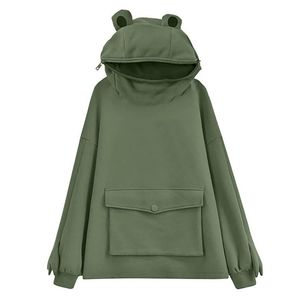 Unisex Frog Zipper Hoodie Fleece Lined Springtime Haft Bluzki Harajuku Ciepłe Pulower Koreański Styl Dropship 220406