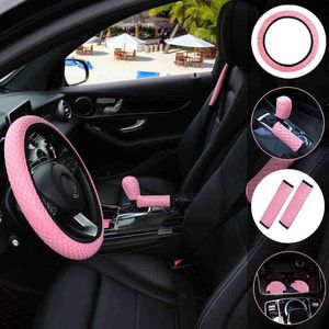 7Pcs Mesh Fabric No Inner Ring Car Steering Wheel Cover For 3738Cm 145 "15" Shoulder Hand Brake Gear Cover Coaster Protector J220808