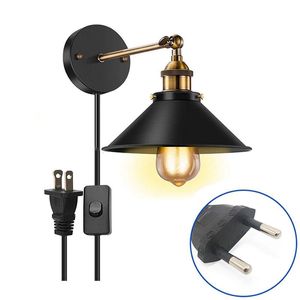 Vägglampa vinatge loft sconce med plug i 1,8 m sladd svart industriell ljus för hem e27 vardagsrum sovrum fixturerwall