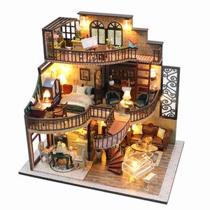 DIY Drewniana lalka Dom Miniaturowy Zestawy Budynku Nowoczesne Loft z meblami Casa Dollhouse Zabawki Dla Dzieci Dziewczyny Prezenty Urodzinowe AA220325