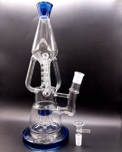 Blue 16 inch Glass Bong Hookahs with Tree Arm Per Water Recycler Double Layer Filters Delicate Smoking Pipes for Female 14mm Joint