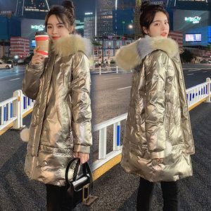 Qingwen Winter Korean Hooded Golden Shinginy Bright Cotton Padded Jacket Women New Midlength Loose Memale Jacket Waterproof Parka L220725