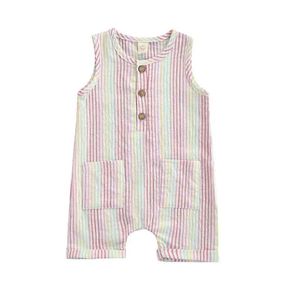 2021 0-12m Sevimli Bebek Kız Kız Oynatma Yaz Yeni Pembe Çizgili Düğme Cepleri Kolsuz Kıyafet G220521