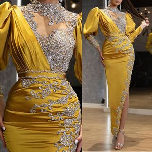 2022 Sexy Satin Prom Long Tail Gown Bridesmaid Evening Dresses Hollow Sequined Diamond Yellow Dresses B0429