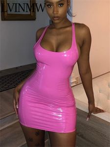 LVINMW Sexy Pink PU Leather Bodycon Dress Summer Women Sleeveless Low Cut Back Zipper Elastic Mini Party Club es 220521