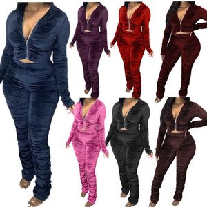 Retail Women Clothing Sexy Velvet 2 Piece Pants Set Pleated Solid Color Zipper Long Sleeve Jacket Trousers Outfits Ladies Casual Suit