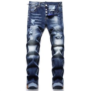 Slim Fit Dżinsy Niebieskie Zagrypowane męskie dżinsowe spodnie 5-kieszeni zwykłe bawełniane dżins zniszczony dziura odzież hip hop Hip Hop swobodne spodnie 1315