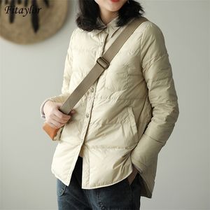 Fitaylor Autumn Winter Women Turn Down Collar Down Coat Ultra Light 90％White Duck Down Jacketシングル胸肉Windproof Parkas 201102