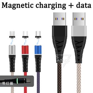 3 em 1 Cabos de telefone magnéticos 3a LED Super Fast Charging 4 Core T Tipo C Micro USB Fio de cabo para Samsung Huawei Moto LG