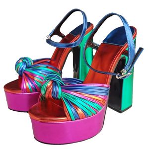 Summer Sexy Women's Sandals Mixed Color Tie A Knot Thick High Heel Platform Shoes Silver Zapatos Mujer Big Size 34-44 220516