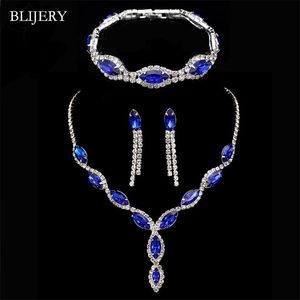 BLIJERY Elegant Royal Blue Crystal Wedding Jewelry Sets Rhinestones Long Tassel Necklace Earrings Bracelet Bridal Jewelry Sets 220726