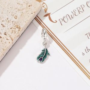 Caixa as pulseiras Pandora 20pcs de esmalte verde pavão de penas de prata Charms de miçange de miçangas para jóias de colar de esterlina europeia por atacado DIY