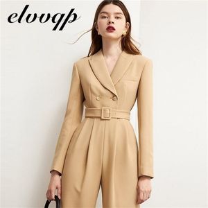 High Quality New Fashion Female Overalls Notched Collar Office Blazer Jumpsuits Women Long Sleeve Pocket Belt Knot Jumpsuits 210326