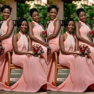 UPS 2022 New African Blush Pink Mermaid Bridesmaid Dresses Wedding Guest Dress Pearls Halter Neck Pearls Floor Length Plus Size Maid of Honor