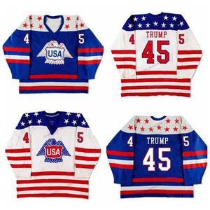 Nikivip Custom Retro Donald Trump #45 USA Hockey-Trikot, genäht, weiß, blau, Größe S-4XL, beliebiger Name und Nummer, hochwertige Trikots