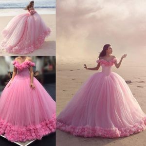 UM PCS Real Imagens Cliente Show Pink Ball Vestidos Quinceanera Vestidos Mão Feito de Flores Fim do Ombro Ruffles Doce 16 Vestido Tule Plus Size Vestidos