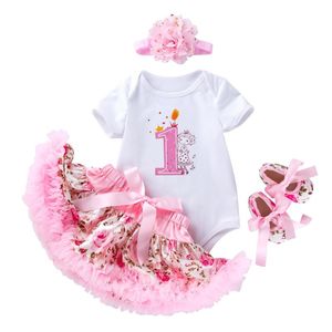 Klädset Rose Kjol Set 4st Born Baby Girls Romper Spädbarnskläder Prinsessan Småbarn Barnkläder Ett år gammal FödelsedagsdräktKläder