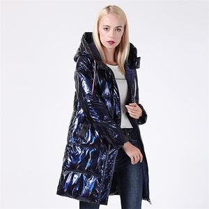 Kış ceket kadın gümüş holografik parıltı artı beden kapşonlu uzun kadınlar kışlık kapşonlu kalın ceketler parka 201127