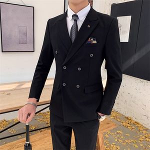 Wholesale two piece suit dress jacket for sale - Group buy Men Double Breasted Two Piece Suit Coat Set Slim Fashion Business Casual Jacket British Style Wedding Dress Blazers Pants