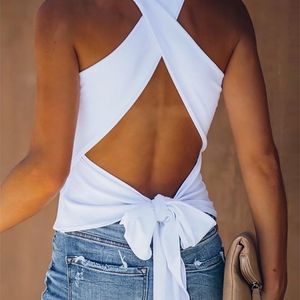 Yaz Kadınlar Tank Top Rahat Kolsuz Yelek S Açık Geri Düğümlü Tasarım Backless Ilmek Seksi S 220318