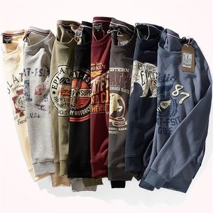 American Retro Terry Printed Hoodies Mens Pure Cotton Washed Old Round Neck Pullover Sticked LongSleeved Casual Sweatshirts 220813