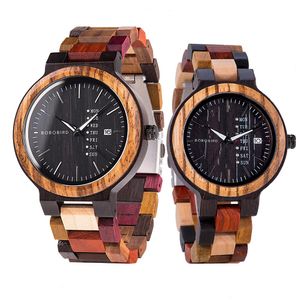 Wood Watch Men Women Quartz Week Date Couple Timepiece Colorful Wooden Band Logo Customize Wholesale Dropship