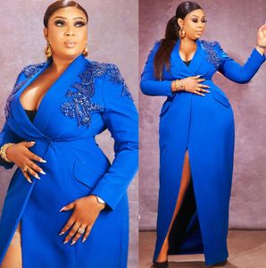 2022 Plus Size Arabic Aso Ebi Blue Stylish Sexy Prom Dresses Pärled Crystals Evening Formal Party Second Reception Birthday Engagement Gowns Dress ZJ155