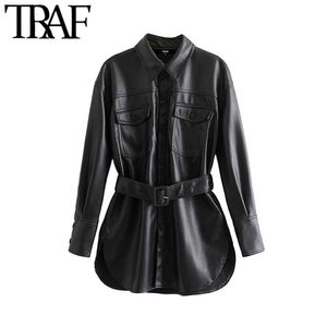 TRAF WOMEN VINTAGEスタイリッシュなフェイクレザーベルトティージャックコートファッション長袖ポケットサイドベントPUアウターウェアシックトップ210908