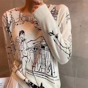 Fine Imitation Yün Örme Tshirt Kadın Kısa Çevreli Üst Graffiti Dijital Jakar Kazak Ladies Sweater 22 Yaz Modeli 220816