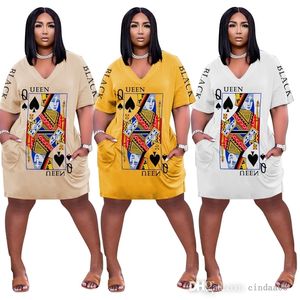 Plus Size S-3xl 4xl 5XL Dam Causal Klänningar Tryck Spade Q Spelkort Klänning Kortärmad One Piece Kjol