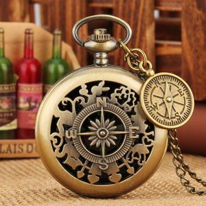 Pocket Watches Bronze Hollow Pattern Vintage Compass Red And White Pointer Dial Necklace Chain With AccessoryPocket WatchesPocket