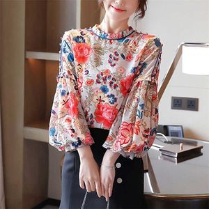 Vår sommar kvinnor blouses mode kinesisk stil vintage blommig skjortor blus lång lykta ärm toppar blusas mujer 210702