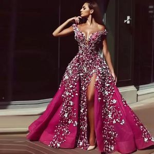 HOT! Tony Chaaya 2022 Split Evening Dresses With Detachable Train Pink Beads Mermaid Appliqued Prom Gowns Lace Luxury Party Dress robes de soirée