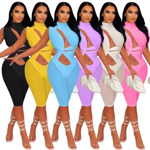 Summer Slim Jumpsuits Rompers for Women Sexy One Short Sleeve Patchwork Sheer Mesh Slit Cross Bandage Cropped Oneis White Black Pink Purple