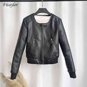 Fitaylor Faux Leather Jacket Women O-neck Castaryバイカージャケット女性オートバイコート4xlソフトPUベーシックブラックアウトウェアL220728