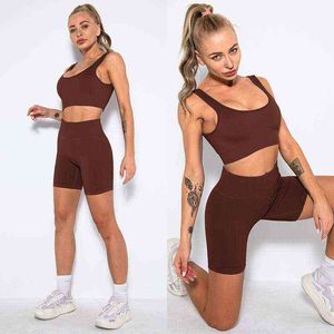 Yoga uppsättning för kvinnor sömlöst gym tvåstycksutrustning sportdräkt sommarspårar höga midja täta leggings som kör shorts passar j220706