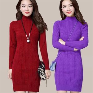 Woman Plus Size Casual Mid length Knit Sweater Solid Color Bottoming Versatile Thick Sweater Slim Lady Dress Autumn Winter New 210322