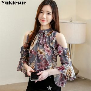 Blouse women ladies tops floral chiffon blouse for women tops off shoulder Ruffles Stand Butterfly Sleeve blusas plus szie 210412