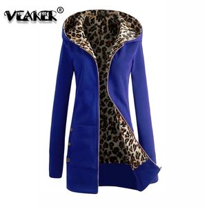 Kvinnor Slim Hoodies Women Autumn Winter Long Hooded Jackets Leopard Overcoat Warm Fleece Hoodies Plus Size LJ201103