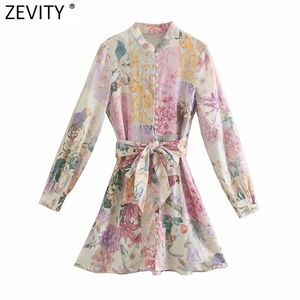 Zevity Women Elegant Pink Flower Print Breasted Shirtdress Female Long Sleeve Bow Sashes Vestido Chic A Line Mini Dresses DS8173 210320